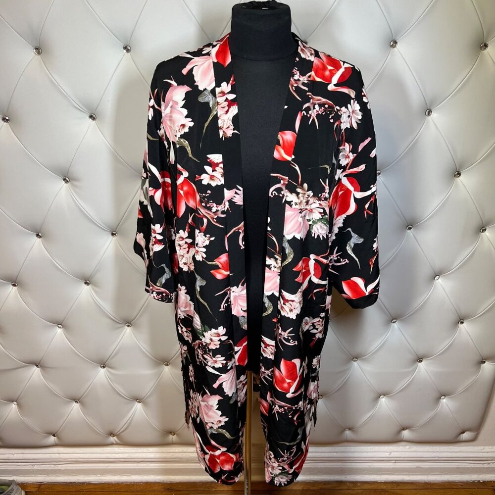 Revamped Black And Red Blazer With Bold Floral Design Size L